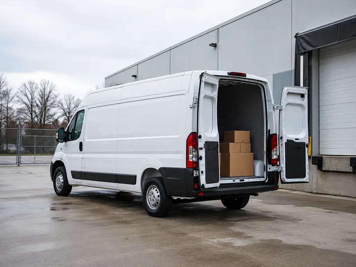 White cargo van with rear doors open and boxes loaded inside at a warehouse dock