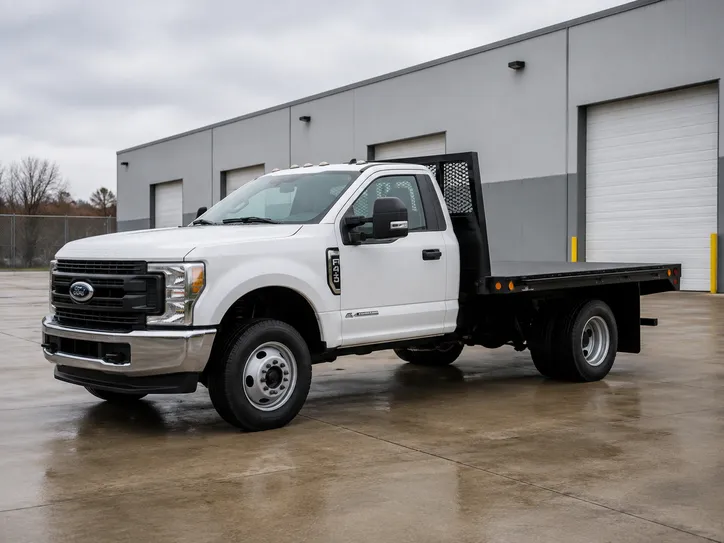 White heavy-duty flatbed truck with an empty steel deck outside a warehouse